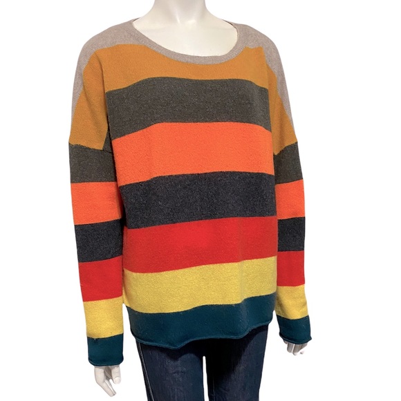 Brodie Cashmere Sweaters - SALE 🌺 BRODIE CASHMERE Orange Yellow Black Tan Striped Retro Cashmere Sweater M